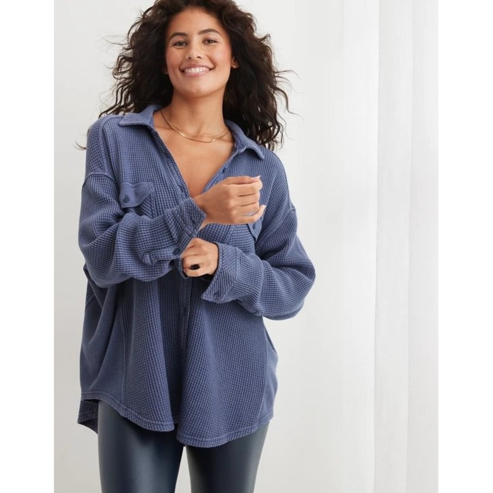 Aerie LumberJane Waffle Shirt Women's Sz M Navy Relaxed Oversized Shacket